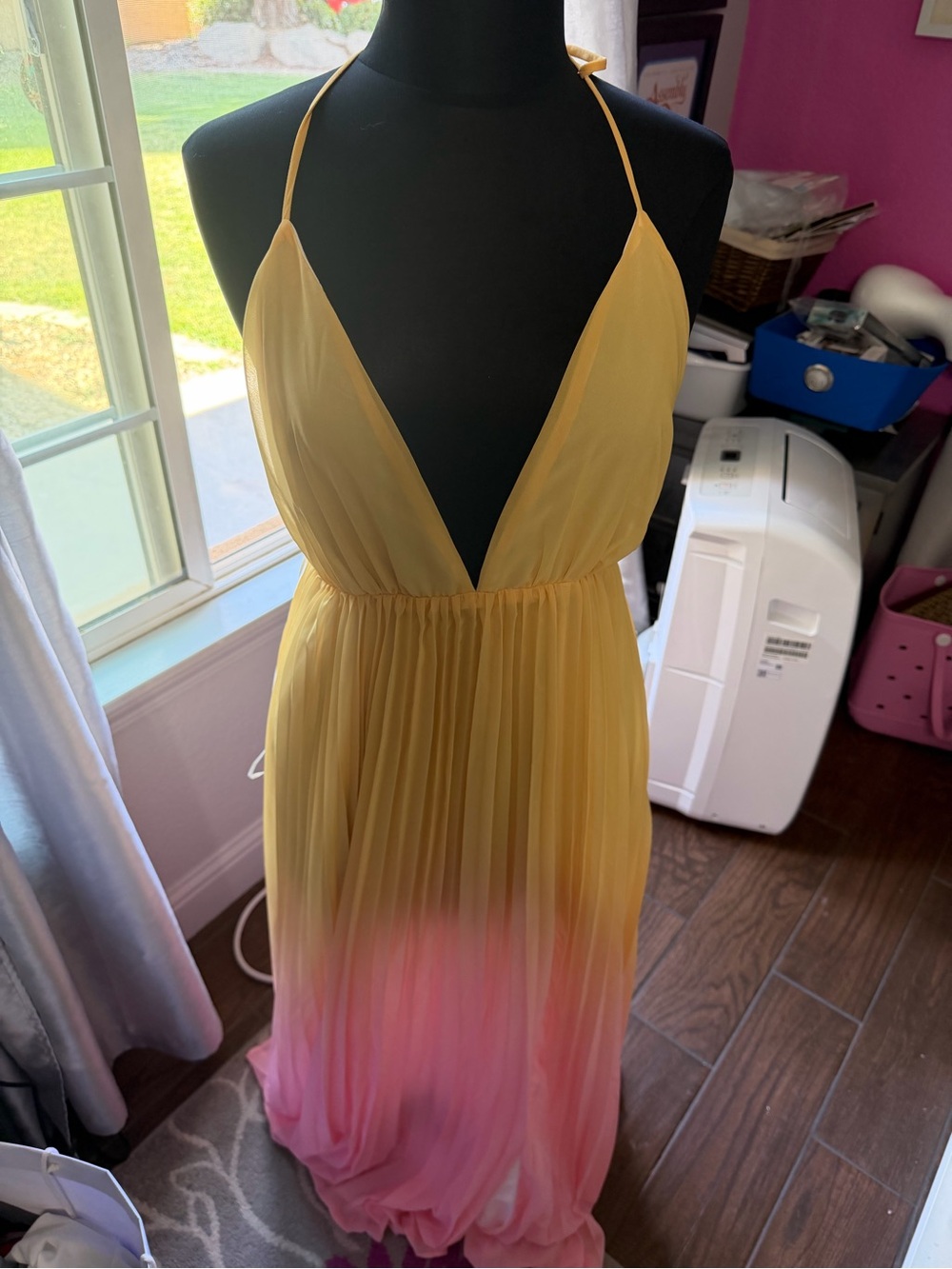 Luxe Yellow to Pink Ombre Strapless Halter Maxi Dress